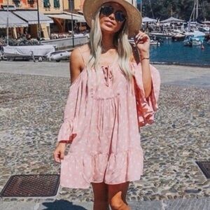 Tularosa pink polka dot flowy baby doll dress